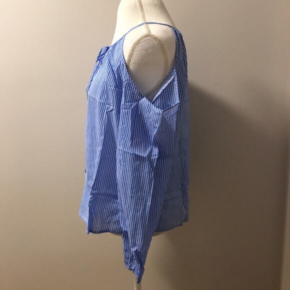 Cold Shoulder Top Blue Striped Button Down Blouse - Picture 3 of 8